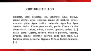 CIRCUITO FECHADO
Chinelos, vaso, descarga. Pia, sabonete. Água. Escova,
creme dental, água, espuma, creme de barbear, pincel,
espuma, gilete, água, cortina, sabonete, água fria, água
quente, toalha. Creme para cabelo, pente. Cueca, camisa
abotoaduras, calças, meias, sapatos, gravata, paletó. [...]
Pasta, carro. Cigarro, fósforo. Mesa e poltrona, cadeira,
cinzeiro, papéis, telefone, agenda, copo com lápis. [...]
Bandeja, xícara pequena. Cigarro e fósforo. Papéis, telefone,
[...]
 