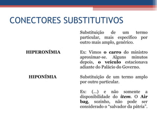 CONECTORES SUBSTITUTIVOS
HIPERONÍMIA
Substituição de um termo
particular, mais específico por
outro mais amplo, genérico.
Ex: Vimos o carro do ministro
aproximar-se. Alguns minutos
depois, o veículo estacionava
adiante do Palácio do Governo.
HIPONÍMIA Substituição de um termo amplo
por outro particular.
Ex: (...) e não somente a
disponibilidade do item. O Air
bag, sozinho, não pode ser
considerado o “salvador da pátria”.
 