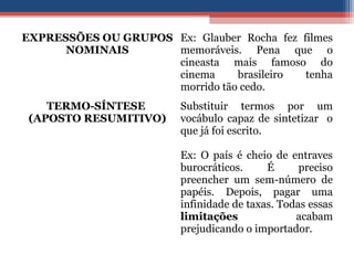 EXPRESSÕES OU GRUPOS
NOMINAIS
Ex: Glauber Rocha fez filmes
memoráveis. Pena que o
cineasta mais famoso do
cinema brasileiro tenha
morrido tão cedo.
TERMO-SÍNTESE
(APOSTO RESUMITIVO)
Substituir termos por um
vocábulo capaz de sintetizar o
que já foi escrito.
Ex: O país é cheio de entraves
burocráticos. É preciso
preencher um sem-número de
papéis. Depois, pagar uma
infinidade de taxas. Todas essas
limitações acabam
prejudicando o importador.
 