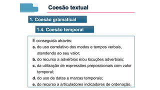 1. Coesão gramatical
1.4. Coesão temporal
É conseguida através:
a. do uso correlativo dos modos e tempos verbais,
atendendo ao seu valor;
b. do recurso a advérbios e/ou locuções adverbiais;
c. da utilização de expressões preposicionais com valor
temporal;
d. do uso de datas e marcas temporais;
e. do recurso a articuladores indicadores de ordenação.
Coesão textual
 
