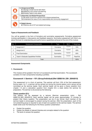 ESTIMATING (QSB60504) 3
6. Intrapersonal Skills
6.1 Manage oneself and be self–reliant
6.2 Reflection one’s action and learning
6.3 Embody Taylor’s core values
7. Citizenship and Global Perspectives
7.1 Be aware of and form opinions from diverse perspectives
7.2 Understand the value of civic responsibility and community engagement
8. Digital Literacy
8.1 Effective use of ICT and related technology
Types of Assessments and Feedback
You will be graded in the form of formative and summative assessments. Formative assessment
involves participation in discussions and feedback sessions. Summative assessment will inform you
about the level of understanding and performance capabilities achieved at the end of the module.
No. Assessment Components Type MLO Weightage
1 Assignment 1 Formative
1,2,3,4
10%
2 Assignment 2 Formative
1,2,3,4
40%
3 Final Examination Summative 1,2,3,4 50%
4 Taylor’s Graduate Capabilities Portfolio Summative
1,2,3,4
Pass/Fail
Total 100%
Assessment Components
1. Coursework
This module will be graded in the form of coursework and final examination. The coursework
consists of 3 main components including a portfolio.
Coursework 1: Seminar – 10% (Group/Individual) (Ref: QSB2134_CB1_02042012)
This assessment is in a form of seminar. This seminar will form 10% of the final assessment.
During week 4 to 7, a seminar will be carried out during the tutorial session and a group will be
nominated as the seminar leader. Each seminar leader will be given a theory question from
chapter 1-5 and a calculation question from chapter 6-9, a week before the seminar for
preparation. The seminar is structured as the following:
Theory question (5%)
This session will be assessed by a lecturer (Seminar presentation rubric - Ref:
QSB2134_MS1_02042012). Each seminar leader will be given approximately 15 minutes to
present their theory question. The presentation can be in any format. Each member of the
seminar leader is encouraged to present during the seminar. After the presentation, each of the
non-presenting group is required to ask at least one question to the seminar leader. The seminar
leader shall cover the following for the theory question presentation:
a. Explain the question
b. Explain the details of relevant theories and concepts related to the question
c. The tactic to answer the question
 