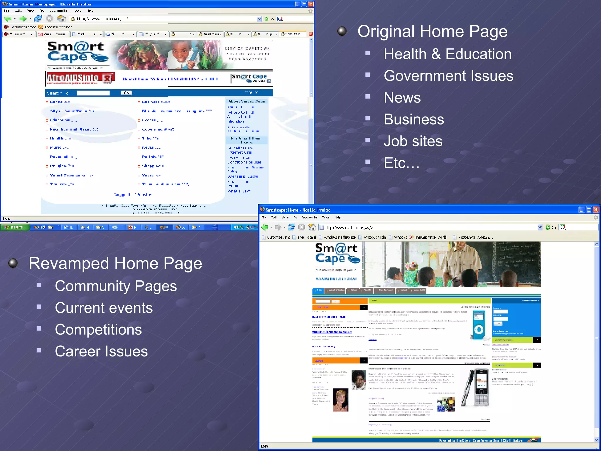 Original Home Page Health & Education Government Issues News Business Job sites Etc… Revamped Home Page Community Pages Current events Competitions Career Issues 