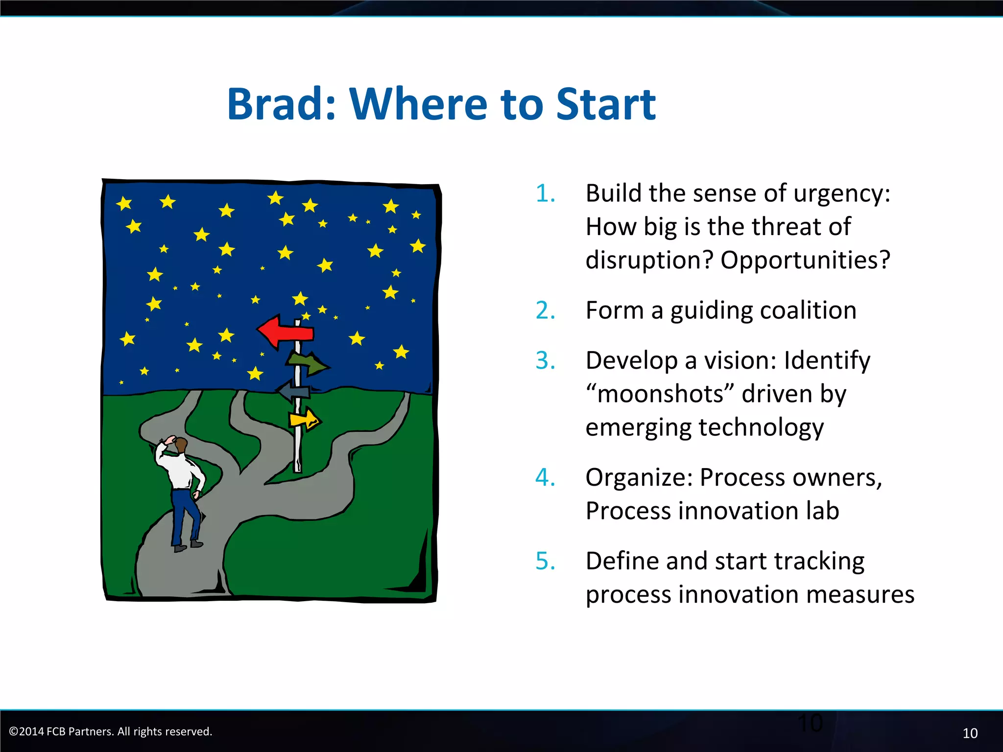 10©2014 FCB Partners. All rights reserved.
Brad: Where to Start
1. Build the sense of urgency:
How big is the threat of
disruption? Opportunities?
2. Form a guiding coalition
3. Develop a vision: Identify
“moonshots” driven by
emerging technology
4. Organize: Process owners,
Process innovation lab
5. Define and start tracking
process innovation measures
10
 