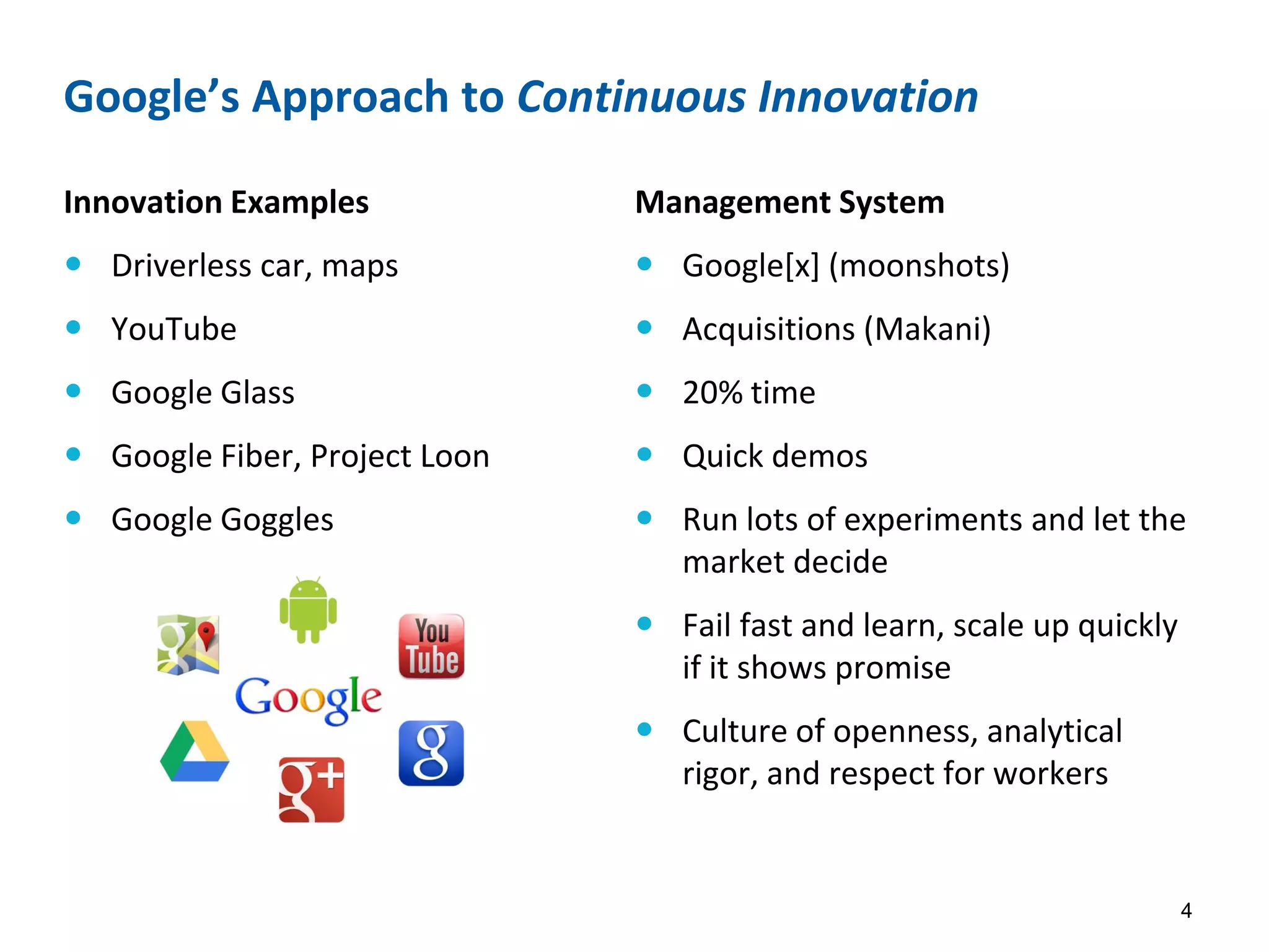 Google’s Approach to Continuous Innovation
Innovation Examples
 Driverless car, maps
 YouTube
 Google Glass
 Google Fiber, Project Loon
 Google Goggles
Management System
 Google[x] (moonshots)
 Acquisitions (Makani)
 20% time
 Quick demos
 Run lots of experiments and let the
market decide
 Fail fast and learn, scale up quickly
if it shows promise
 Culture of openness, analytical
rigor, and respect for workers
4
 