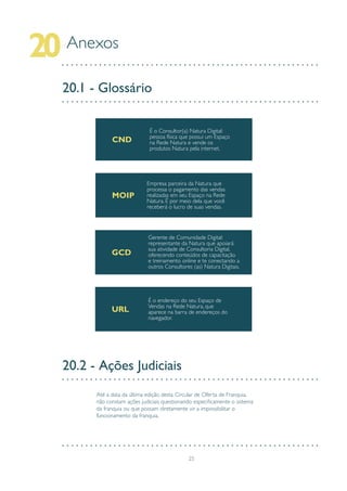 25
Anexos
20
20.1 - Glossário
CND
É o Consultor(a) Natura Digital:
pessoa física que possui um Espaço
na Rede Natura e vende os
produtos Natura pela internet.
MOIP
Empresa parceira da Natura que
processa o pagamento das vendas
realizadas em seu Espaço na Rede
Natura. É por meio dela que você
receberá o lucro de suas vendas.
GCD
URL
Gerente de Comunidade Digital:
representante da Natura que apoiará
sua atividade de Consultoria Digital,
oferecendo conteúdos de capacitação
e treinamento online e te conectando a
outros Consultores (as) Natura Digitais.
É o endereço do seu Espaço de
Vendas na Rede Natura, que
aparece na barra de endereços do
navegador.
20.2 - Ações Judiciais
Até a data da última edição desta Circular de Oferta de Franquia,
não constam ações judiciais questionando especificamente o sistema
da franquia ou que possam diretamente vir a impossibilitar o
funcionamento da franquia.
 