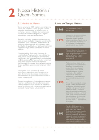 4
Nossa História /
Quem Somos2
2.1. História da Natura
Somos uma marca 100% brasileira com origem na
paixão pela cosmética e pelas relações. Estamos
presentes em sete países da América Latina e
na França e somos a indústria líder no mercado
brasileiro de cosméticos, fragrâncias e higiene
pessoal, bem como em vendas diretas.
Buscamos criar valor para a sociedade como um
todo, gerando resultados integrados nas dimensões
econômica, social e ambiental.Acreditamos que
resultados sustentáveis são alcançados por meio
de relações de qualidade, por isso buscamos manter
canais de diálogo abertos com todos os nossos
públicos.
Nossos produtos são a maior expressão de
nossa essência. Para desenvolvê-los, mobilizamos
redes sociais capazes de integrar conhecimento
científico e o uso sustentável da rica biodiversidade
botânica brasileira. Não fazemos testes em animais
e seguimos rigorosas normas de segurança
internacionais. O resultado são criações cosméticas
de alta qualidade, que proporcionam prazer e bem-
estar.
Encorajamos o uso e vivência de nossos
produtos por parte de nossos Consultores(as)
antes do momento da venda e incentivamos o
relacionamento de qualidade entre nosso time e
nossos consumidores.
Também estimulamos o desenvolvimento pessoal,
material e profissional dos consultores(as), bem
como a disseminação do conceito do bem estar
bem a fim de contribuir com a construção de uma
sociedade mais próspera, justa e solidária.
Luiz Seabra funda a Natura
em São Paulo.1969
Lançamento do primeiro catálogo
de vendas, com informações
detalhadas sobre a forma de
utilizar os produtos.Transformou-se
numa ferramenta importante para
as consultoras e consultores no
atendimento de seus clientes.
1976
Nosso símbolo transformou-se em
uma rosácea, que representava a
união das empresas que formavam
o Sistema Natura – Natura,
Meridiana,Yga, Pró- Estética
e L’ArcenCiel.
1989
Publicamos nossa Razão de Ser
(compromisso com o bem-estar/
estar bem) e nossas Crenças:
a importância das relações, o
compromisso com a verdade,
o aperfeiçoamento contínuo,
o estímulo à diversidade, a
valorização da beleza sem
estereótipos e a empresa como
promotora do enriquecimento
social.
A linha Chronos surgiu da crença
de que a beleza deve estar livre
de qualquer tipo de preconceito
e padrão e de que as mulheres
devem encontrar e valorizar a
sua própria beleza.As campanhas
publicitárias, veiculadas a partir de
1996, foram inovadoras ao trazer,
pela primeira vez, em comerciais
de cosméticos, mulheres reais,
de várias idades - a Mulher Bonita
deVerdade.
1990
Mamãe e Bebê nasceu para
celebrar e fortalecer o vínculo
entre mãe e filho, o amor
fundamental. Lançada em outubro
desse ano, a linha apresenta
produtos e métodos de aplicação
capazes de estreitar os laços entre
mães e filhos, promovendo por
meio de técnicas de massagem o
toque e a comunicação entre eles.
1993
Linha do Tempo Natura
 