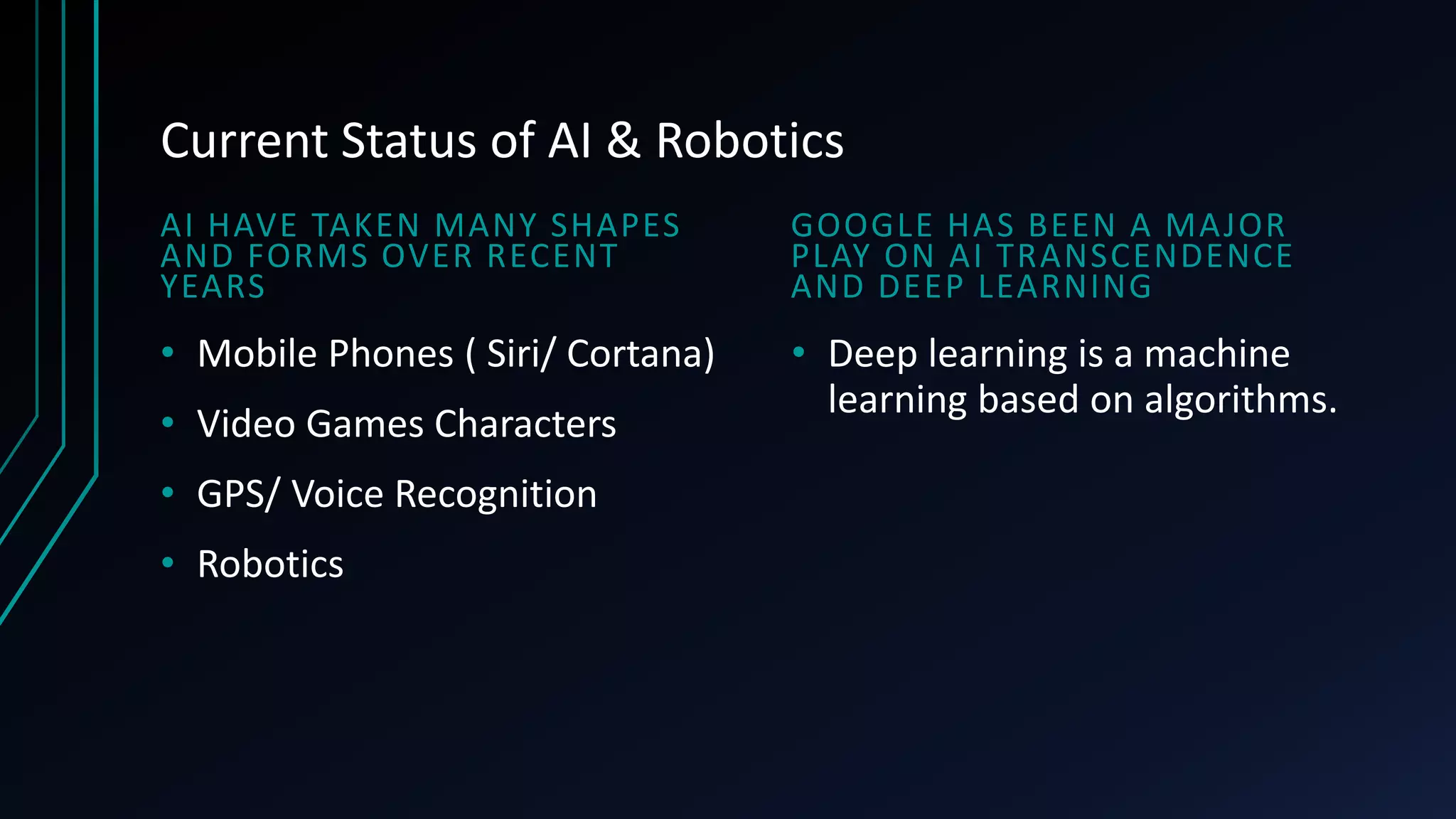 Current Status of AI & Robotics
AI HAVE TAKEN MANY SHAPES
AND FORMS OVER RECENT
YEARS
• Mobile Phones ( Siri/ Cortana)
• Video Games Characters
• GPS/ Voice Recognition
• Robotics
GOOGLE HAS BEEN A MAJOR
PLAY ON AI TRANSCENDENCE
AND DEEP LEARNING
• Deep learning is a machine
learning based on algorithms.
 