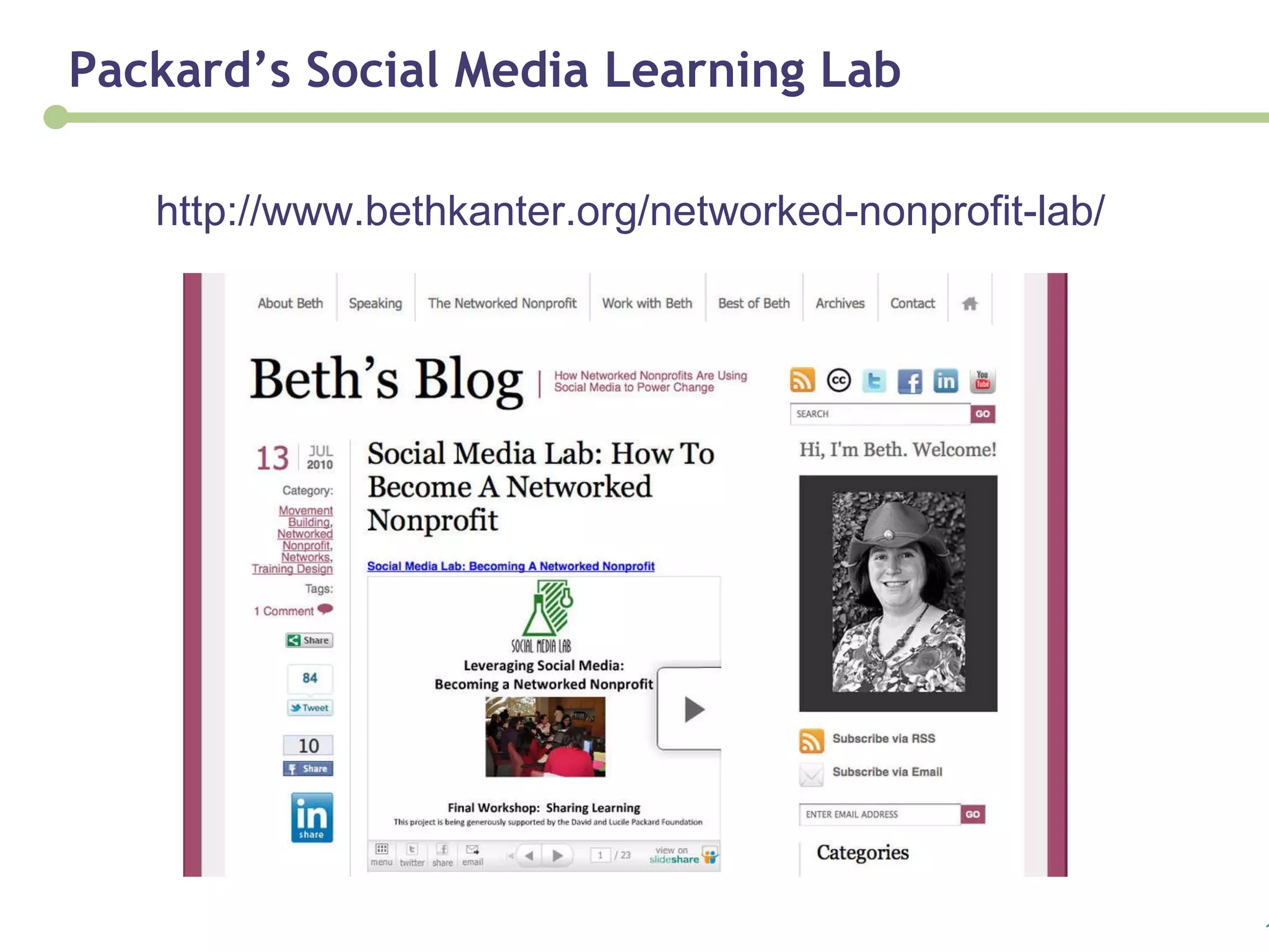 Packard’s Social Media Learning Lab http://www.bethkanter.org/networked-nonprofit-lab/ 