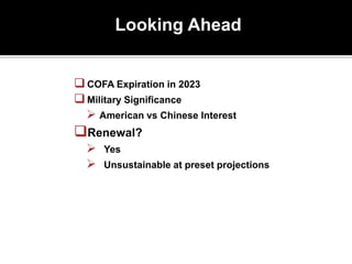 Looking Ahead
COFA Expiration in 2023
Military Significance
 American vs Chinese Interest
Renewal?
 Yes
 Unsustainable at preset projections
 