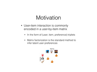 • User-item interaction is commonly
encoded in a user-by-item matrix
• In the form of (user, item, preference) triplets
• Matrix factorization is the standard method to
infer latent user preferences
Motivation
Items
Users
?
?
 