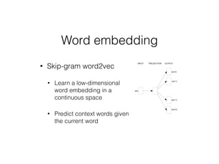 • Skip-gram word2vec
• Learn a low-dimensional
word embedding in a
continuous space
• Predict context words given
the current word
Word embedding
 