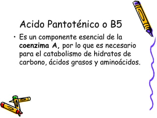 Acido Pantoténico o B5
• Es un componente esencial de la
coenzima A, por lo que es necesario
para el catabolismo de hidratos de
carbono, ácidos grasos y aminoácidos.
 
