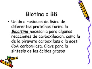 Biotina o B8
• Unida a residuos de lisina de
diferentes proteínas forma la
Biocitina necesaria para algunas
reacciones de carboxilacion, como la
de la piruvato carboxilasa o la acetil
CoA carboxilasa. Clave para la
síntesis de los ácidos grasos
 