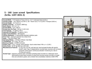 S - 160 Laser screed Specifications
  (Sr.No. 1197-3031-3)

Overall Width : 7'-8" Outside of Tires (2.34 m) 14'-1" at Screed Head (4.29 m)
Overall Length : 18'-3" Boom In (5.56 m) 36'-1" Boom Out (11.0 m) 28'-5" Transport (8.66 m)
Overall Height : 8'-3" (2.51 m)
Weight (nominal) : 15,100 lbs. (6850 kg)
Boom Reach : 20 ft. (6.1 m)
Screed Width : 12 ft. (3.66 m)
Screed Area Per Pass : 240 sq. ft. (22.3 m2)
Fuel Capacity : 27 gallons (102 l)
Hydraulic Oil Capacity : 27 gallons (102 l)
Upper Frame Rotation : 360 degrees
Vehicle Stabilizers : 4 hydraulically-operated stabilizer pads
Drive Train : Hydraulic-powered four wheel drive
Axles : Two Drive Steer Type
Operating Modes : 2 Wheel, 4 Wheel, Crab Steer
Tires/Wheels : 35" 12 ply / 16" rims
Maximum Speed : 3.6 MPH (5.8 kpH)
Engine Type : 4 Cyl., 4 stroke, direct-injection, liquid cooled diesel 199 cu. in. (3.26 l)
Horse Power : 65 HP @ 2600 rpm (48.5 kW)
Miscellaneous Features : 12 volt, key on & off, cold start aid, hand-actuated throttle with electric
                            shutoff Laser Type 2 independently mounted laser receivers with on-board
                            computer control panel. Continuous elevation monitoring at a rate of
                            10 times per second.
Screed Type : Hydraulic powered laser controlled screeding head mounted on a telescopic boom.
               Self-leveling screed head consists of a plow that removes excess concrete, an auger
               that cuts concrete to grade, and a vibrator that consolidates material at 3000 VPM.
 