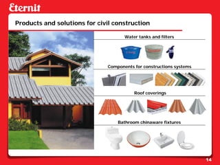 Products and solutions for civil construction

                                     Water tanks and filters




                              Components for constructions systems




                                         Roof coverings




                                  Bathroom chinaware fixtures




                                                                     14
 