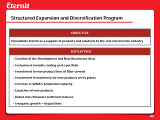 Structured Expansion and Diversification Program


                                           OBJECTIVE

Consolidate Eternit as a supplier of products and solutions to the civil construction industry


                                           INITIATIVES

 - Creation of the Development and New Businesses Area

 - Inclusion of metallic roofing on its portfolio

 - Investment in new product lines of fiber cement

 - Investment in machinery for new products on its plants

 - Increase in SAMA’s production capacity

 - Launches of new products

 - Debut into chinaware bathroom fixtures

 - Inorganic growth – Acquisitions



                                                                                                 43
 