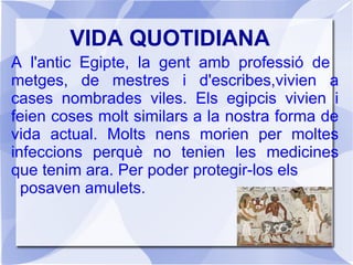 VIDA QUOTIDIANA
A l'antic Egipte, la gent amb professió de
metges, de mestres i d'escribes,vivien a
cases nombrades viles. Els egipcis vivien i
feien coses molt similars a la nostra forma de
vida actual. Molts nens morien per moltes
infeccions perquè no tenien les medicines
que tenim ara. Per poder protegir-los els
posaven amulets.
 