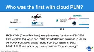 Who was the first with cloud PLM?
BOM.COM (Arena Solutions) was prioneering “on demand” in 2000
Few vendors (eg. Agile and PTC) provided hosted solutions in 2000s
Autodesk PLM360 changed “cloud PLM ecosystem” in 2012
Most of PLM vendors today have a version of “cloud strategy”
2000 2012
Copyright © Beyond PLM 2015
 