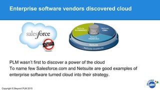 Enterprise software vendors discovered cloud
PLM wasn’t first to discover a power of the cloud
To name few Salesforce.com and Netsuite are good examples of
enterprise software turned cloud into their strategy.
Copyright © Beyond PLM 2015
 