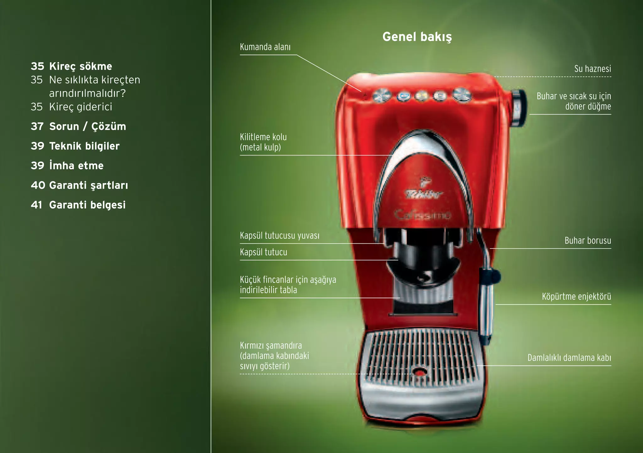 35 Kireç sökme
35 Ne sıklıkta kireçten
arındırılmalıdır?
35 Kireç giderici
37 Sorun / Çözüm
39 Teknik bilgiler
39 İmha etme
40 Garanti şartları
41 Garanti belgesi
Genel bakış
Su haznesi
Buhar borusu
Buhar ve sıcak su için
döner düğme
Köpürtme enjektörü
Kapsül tutucu
Kilitleme kolu
(metal kulp)
Damlalıklı damlama kabı
Küçük fincanlar için aşağıya
indirilebilir tabla
Kırmızı şamandıra
(damlama kabındaki
sıvıyı gösterir)
Kumanda alanı
Kapsül tutucusu yuvası
 