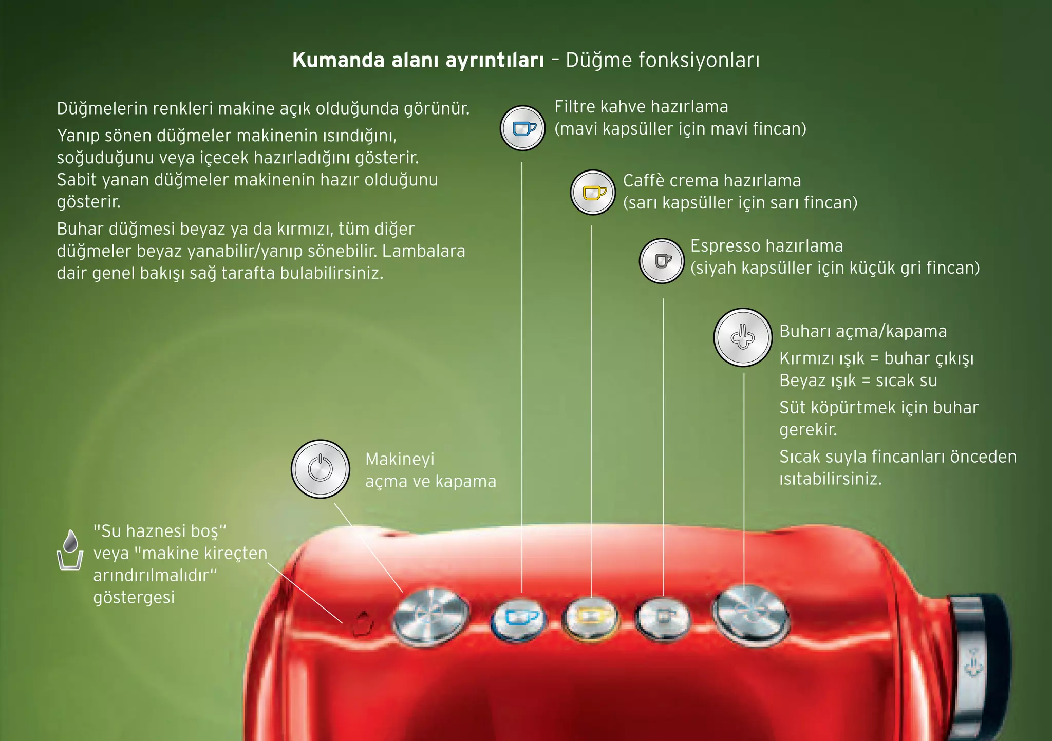 Filtre kahve hazırlama
(mavi kapsüller için mavi fincan)
Caffè crema hazırlama
(sarı kapsüller için sarı fincan)
Espresso hazırlama
(siyah kapsüller için küçük gri fincan)
Makineyi
açma ve kapama
Düğmelerin renkleri makine açık olduğunda görünür.
Yanıp sönen düğmeler makinenin ısındığını,
soğuduğunu veya içecek hazırladığını gösterir.
Sabit yanan düğmeler makinenin hazır olduğunu
gösterir.
Buhar düğmesi beyaz ya da kırmızı, tüm diğer
düğmeler beyaz yanabilir/yanıp sönebilir. Lambalara
dair genel bakışı sağ tarafta bulabilirsiniz.
"Su haznesi boş“
veya "makine kireçten
arındırılmalıdır“
göstergesi
Buharı açma/kapama
Kırmızı ışık = buhar çıkışı
Beyaz ışık = sıcak su
Süt köpürtmek için buhar
gerekir.
Sıcak suyla fincanları önceden
ısıtabilirsiniz.
Kumanda alanı ayrıntıları – Düğme fonksiyonları
 