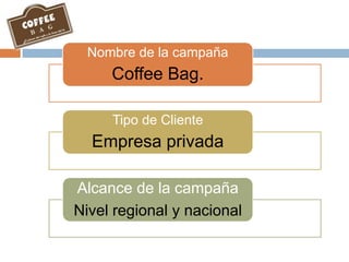 Nombre de la campaña
Coffee Bag.
Tipo de Cliente
Empresa privada
Alcance de la campaña
Nivel regional y nacional
 