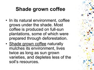 Shade grown coffee 
•In its natural environment, coffee grows under the shade. Most coffee is produced on full-sun plantations, some of which were prepared through deforestation. 
•Shade grown coffee naturally mulches its environment, lives twice as long as sun grown varieties, and depletes less of the soil’s resources.  