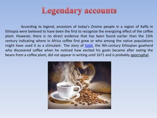 According to legend, ancestors of today's Oromo people in a region of Kaffa in
Ethiopia were believed to have been the first to recognize the energizing effect of the coffee
plant. However, there is no direct evidence that has been found earlier than the 15th
century indicating where in Africa coffee first grew or who among the native populations
might have used it as a stimulant. The story of Kaldi, the 9th-century Ethiopian goatherd
who discovered coffee when he noticed how excited his goats became after eating the
beans from a coffee plant, did not appear in writing until 1671 and is probably apocryphal.
 
