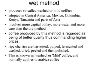 wet method
• produces so-called washed or mild coffees
• adopted in Central America, Mexico, Colombia,
Kenya, Tanzania and parts of Asia
• involves more capital outlay, more water and more
care than the dry method
• coffee produced by this method is regarded as
being of better quality thus commanding higher
prices.
• ripe cherries are harvested, pulped, fermented and
washed, dried, peeled and then polished.
• This is known as 'washed' or 'Mild' coffee, and
normally applies to arabica coffee
 