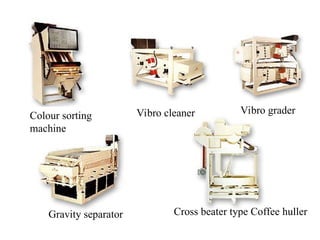 Colour sorting
machine
Vibro cleaner Vibro grader
Gravity separator Cross beater type Coffee huller
 
