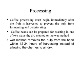 Processing
• Coffee processing must begin immediately after
the fruit is harvested to prevent the pulp from
fermenting and deteriorating
• Coffee beans can be prepared for roasting in one
of two ways-the dry method or the wet method
• wet method removes the pulp from the bean
within 12-24 hours of harvesting instead of
allowing the cherries to air dry.
 