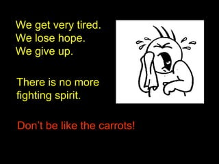 We get very tired.
We lose hope.
We give up.
There is no more
fighting spirit.
Don’t be like the carrots!Don’t be like the carrots!
 