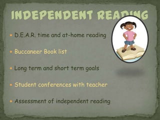 Independent ReadingD.E.A.R. time and at-home reading  Buccaneer Book list Long term and short term goals Student conferences with teacherAssessment of independent reading