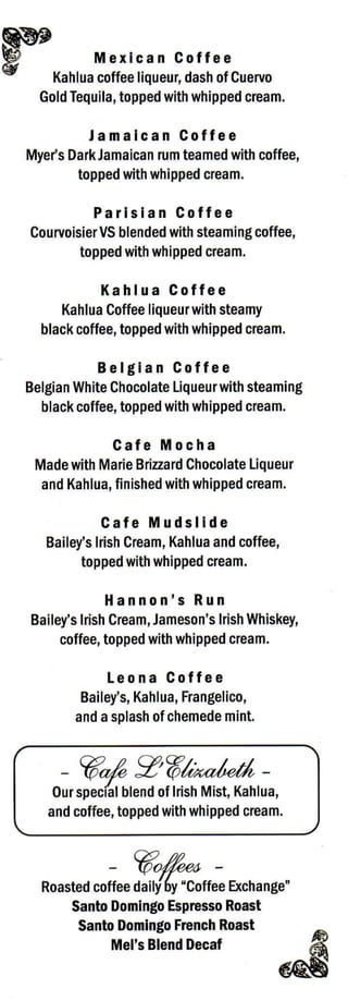 Coffee and drinks menu