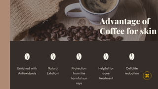 Natural
Exfoliant
Cellulite
reduction
Helpful for
acne
treatment
Protection
from the
harmful sun
rays
Enriched with
Antiox...