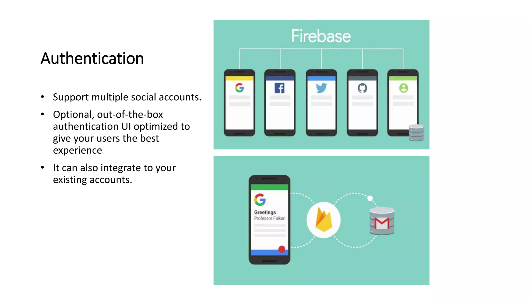 Authentication
• Support multiple social accounts.
• Optional, out-of-the-box
authentication UI optimized to
give your users the best
experience
• It can also integrate to your
existing accounts.
 