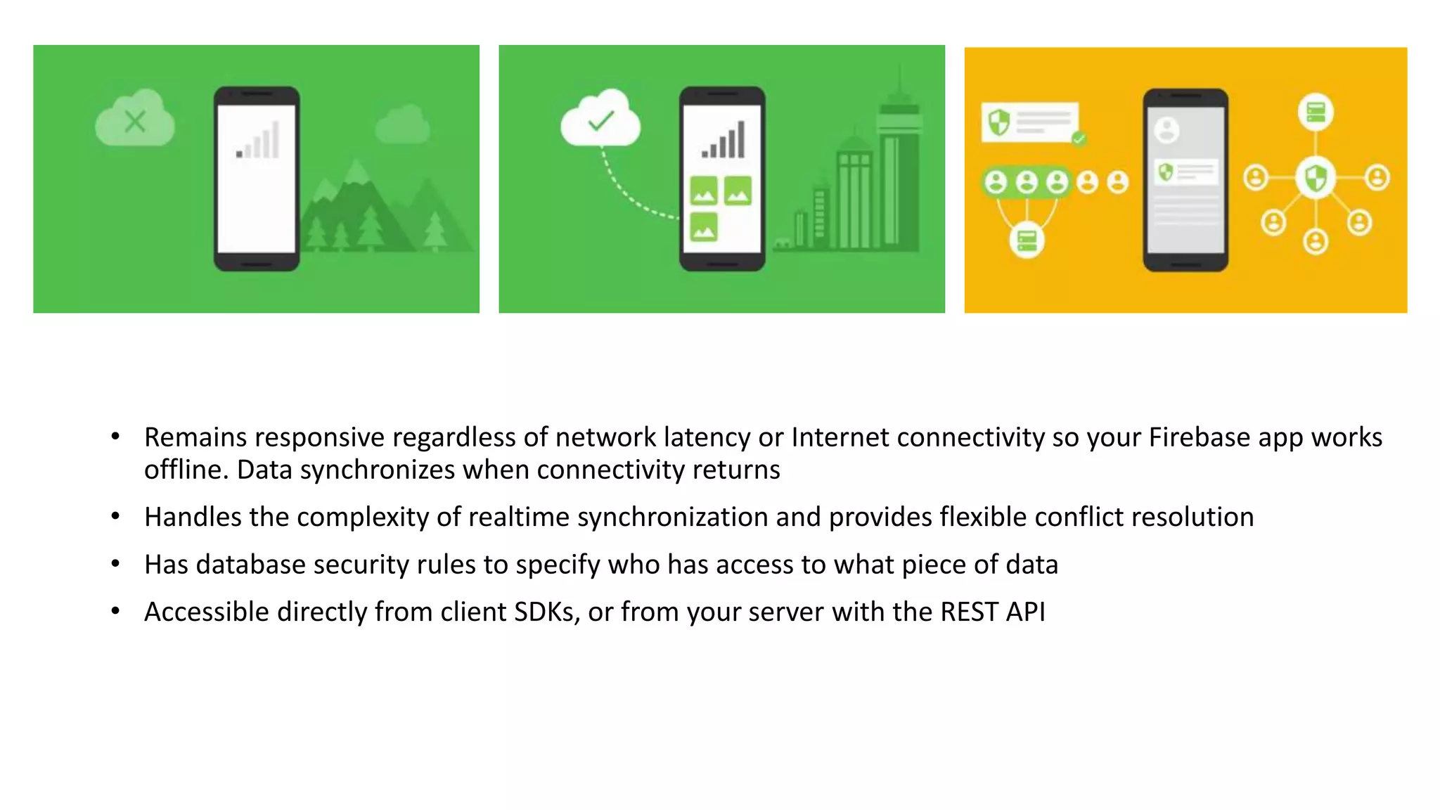 • Remains responsive regardless of network latency or Internet connectivity so your Firebase app works
offline. Data synchronizes when connectivity returns
• Handles the complexity of realtime synchronization and provides flexible conflict resolution
• Has database security rules to specify who has access to what piece of data
• Accessible directly from client SDKs, or from your server with the REST API
 