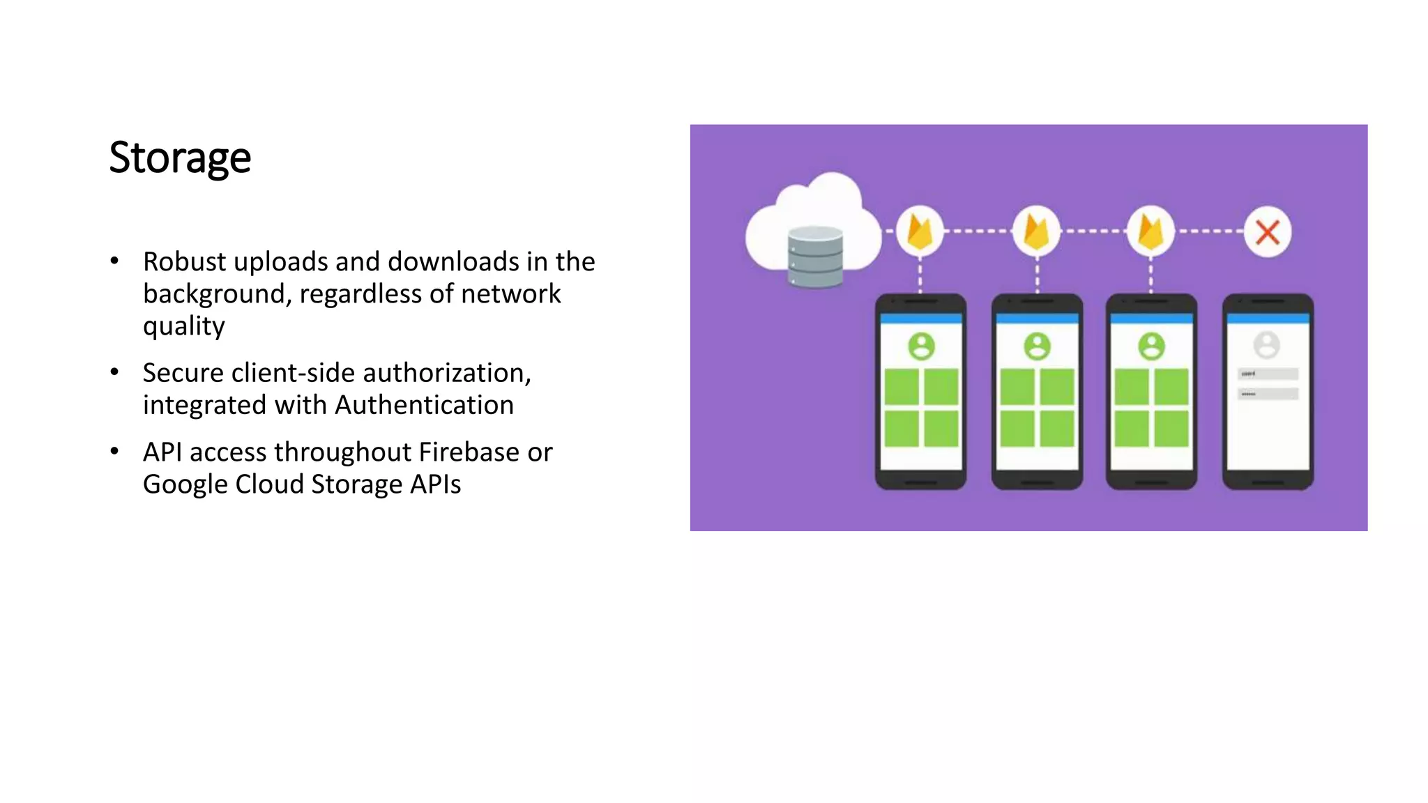 Storage
• Robust uploads and downloads in the
background, regardless of network
quality
• Secure client-side authorization,
integrated with Authentication
• API access throughout Firebase or
Google Cloud Storage APIs
 