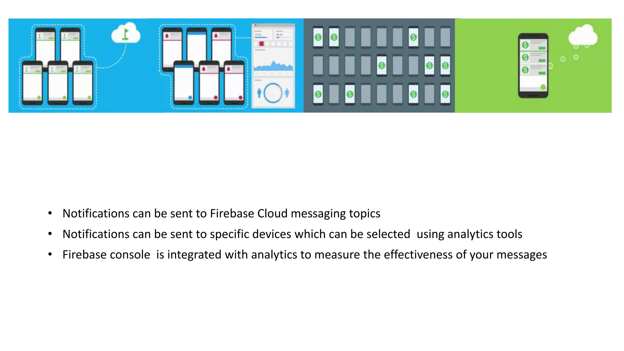 • Notifications can be sent to Firebase Cloud messaging topics
• Notifications can be sent to specific devices which can be selected using analytics tools
• Firebase console is integrated with analytics to measure the effectiveness of your messages
 