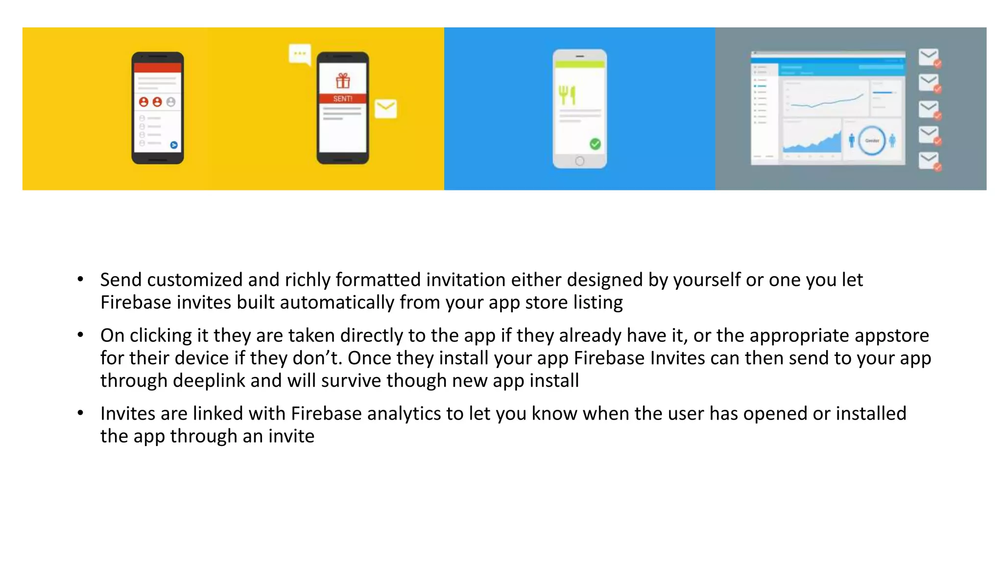 • Send customized and richly formatted invitation either designed by yourself or one you let
Firebase invites built automatically from your app store listing
• On clicking it they are taken directly to the app if they already have it, or the appropriate appstore
for their device if they don’t. Once they install your app Firebase Invites can then send to your app
through deeplink and will survive though new app install
• Invites are linked with Firebase analytics to let you know when the user has opened or installed
the app through an invite
 