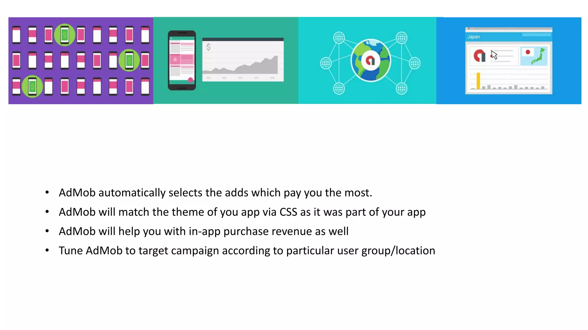 • AdMob automatically selects the adds which pay you the most.
• AdMob will match the theme of you app via CSS as it was part of your app
• AdMob will help you with in-app purchase revenue as well
• Tune AdMob to target campaign according to particular user group/location
 