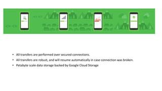 • All transfers are performed over secured connections.
• All transfers are robust, and will resume automatically in case connection was broken.
• Petabyte scale data storage backed by Google Cloud Storage
 