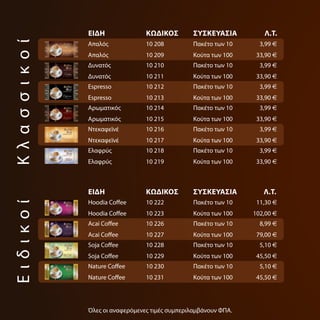 ΕίΔη               ΚωΔίΚΟς         ςΥςΚΕΥΑςίΑ         Λ.Τ.
Κλασσ ικοί
             Απαλός             10 208          Πακέτο των 10     3,99 E
             Απαλός             10 209          Κούτα των 100    33,90 E
             Δυνατός            10 210          Πακέτο των 10     3,99 E
             Δυνατός            10 211          Κούτα των 100    33,90 E
             Espresso           10 212          Πακέτο των 10     3,99 E
             Espresso           10 213          Κούτα των 100    33,90 E
             Αρωματικός         10 214          Πακέτο των 10     3,99 E
             Αρωματικός         10 215          Κούτα των 100    33,90 E
             Ντεκαφεϊνέ         10 216          Πακέτο των 10     3,99 E
             Ντεκαφεϊνέ         10 217          Κούτα των 100    33,90 E
             Ελαφρύς            10 218          Πακέτο των 10     3,99 E
             Ελαφρύς            10 219          Κούτα των 100    33,90 E



             ΕίΔη               ΚωΔίΚΟς         ςΥςΚΕΥΑςίΑ         Λ.Τ.
             Hoodia Coffee      10 222          Πακέτο των 10    11,30 E
Ειδικοί




             Hoodia Coffee      10 223          Κούτα των 100   102,00 E
             Acai Coffee        10 226          Πακέτο των 10     8,99 E
             Acai Coffee        10 227          Κούτα των 100    79,00 E
             Soja Coffee        10 228          Πακέτο των 10     5,10 E
             Soja Coffee        10 229          Κούτα των 100    45,50 E
             Nature Coffee      10 230          Πακέτο των 10     5,10 E
             Nature Coffee      10 231          Κούτα των 100    45,50 E




             Όλες οι αναφερόμενες τιμές συμπεριλαμβάνουν ΦΠΑ.
 