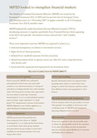 MiFID looked to strengthen financial markets
The Markets in Financial Instruments Directive (MiFID) was issued by the
European Commission (EC) in 2004 and was put into law by European Union
(EU) member states on 1 November 2007. It applies currently to all 31 European
Economic Area (EEA) member states.
MiFID replaced the earlier Investment Services Directive issued in 1993 by
introducing measures to regulate specifically those Financial Services firms operating
in the EEA who provide “investment services and activities” and “ancillary
services”.
There were important outcomes MiFID was expected to achieve, i.e.:
»» increased transparency in relation to investment services;
»» higher levels of client protection;
»» defined those standards necessary for best execution;
»» allowed investment firms to operate across any other EU states using their home
state licence; and
»» harmonised the organisational requirements for investment firms.
Client categorisation
Firms covered by MiFID were authorised
and regulated in their home state and could
continue to use their home licence to “passport”
operations or trading activities into other member
states. The focus given to home state supervision
was now aimed at achieving “maximum
harmonisation” so as to avoid individual member
states invoking “super equivalent” or “gold
plated” EU requirements to protect local markets.
MiFID obligations were further applied to so-
called Multilateral Trading Facilities.
MiFID required that Financial Services
firms categorise their clients as “eligible
counterparties”, i.e. as either professional clients
or retail clients. Each client group required
clear procedures be put in place to assess their
suitability for investment products that were
being sold to them.
Specific information had to be captured when
accepting client orders to ensure firms were
acting in a client’s best interests and how orders
from different clients were aggregated to show
fairness.
Various measures had to be put in place to ensure
“best pricing” was available to all investors and
a widening scope of MiFID based transaction
reporting obligations had to be met.
Firms were required to take all reasonable steps
to obtain the best possible result in the execution
of an order for a client, not just on execution
price but also cost, speed, likelihood of execution
and likelihood of settlement.
Authorisation and regulation Client order handling
Pre-trade and post-trade transparency
Best execution
Key areas of policy focus for MiFID (2004/7)
 