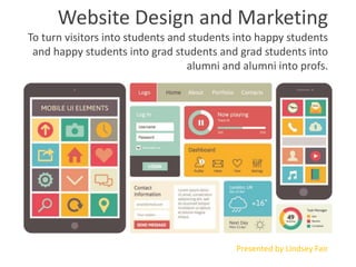 Website Design and Marketing 
To turn visitors into students and students into happy students 
and happy students into grad students and grad students into 
alumni and alumni into profs. 
Presented by Lindsey Fair 
 