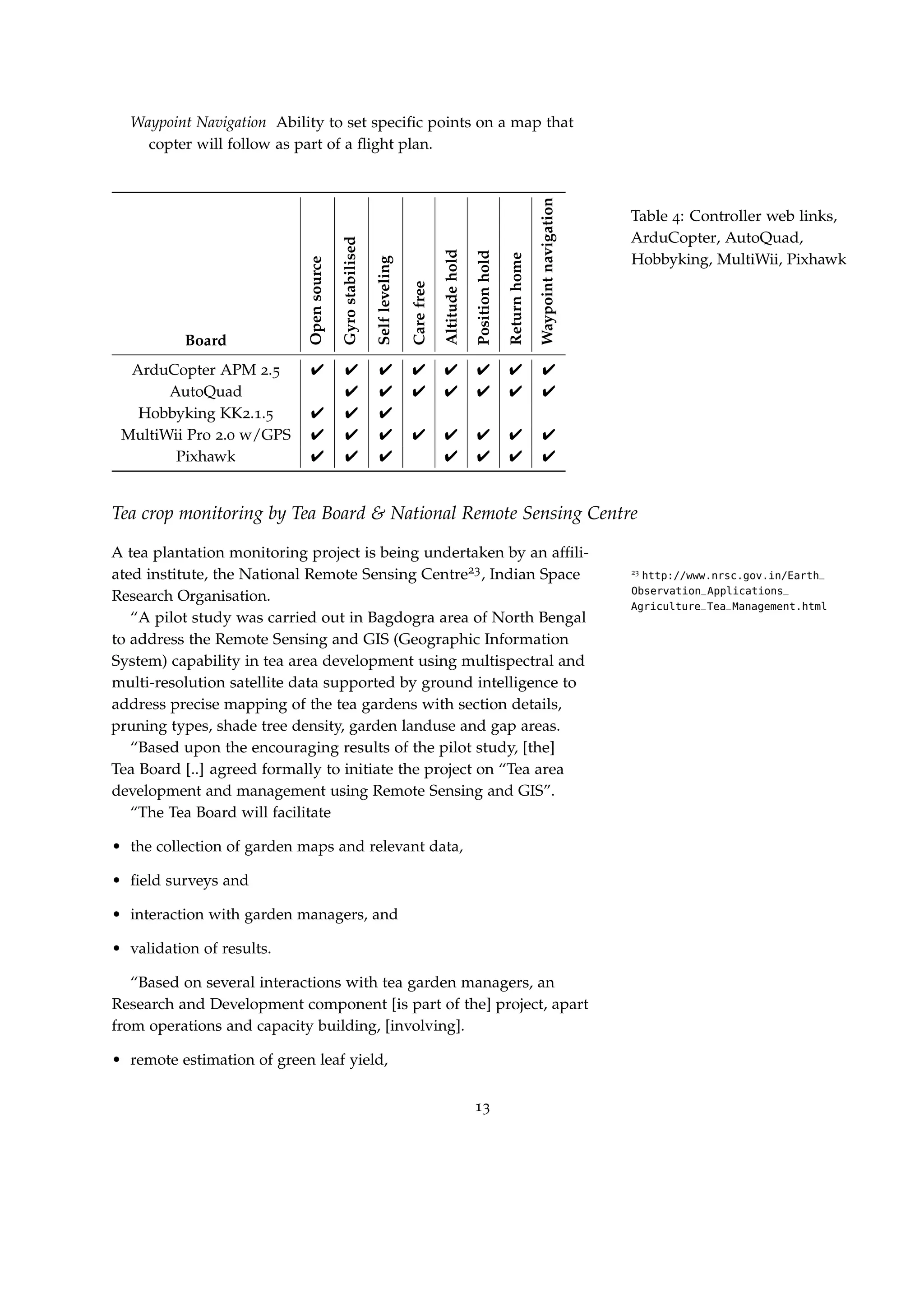 Waypoint Navigation Ability to set speciﬁc points on a map that
copter will follow as part of a ﬂight plan.
Board
Opensource
Gyrostabilised
Selfleveling
Carefree
Altitudehold
Positionhold
Returnhome
Waypointnavigation
ArduCopter APM 2.5        
AutoQuad       
Hobbyking KK2.1.5   
MultiWii Pro 2.0 w/GPS        
Pixhawk       
Table 4: Controller web links,
ArduCopter, AutoQuad,
Hobbyking, MultiWii, Pixhawk
Tea crop monitoring by Tea Board  National Remote Sensing Centre
A tea plantation monitoring project is being undertaken by an afﬁli-
ated institute, the National Remote Sensing Centre23, Indian Space 23
http://www.nrsc.gov.in/Earth_
Observation_Applications_
Agriculture_Tea_Management.html
Research Organisation.
“A pilot study was carried out in Bagdogra area of North Bengal
to address the Remote Sensing and GIS (Geographic Information
System) capability in tea area development using multispectral and
multi-resolution satellite data supported by ground intelligence to
address precise mapping of the tea gardens with section details,
pruning types, shade tree density, garden landuse and gap areas.
“Based upon the encouraging results of the pilot study, [the]
Tea Board [..] agreed formally to initiate the project on “Tea area
development and management using Remote Sensing and GIS”.
“The Tea Board will facilitate
• the collection of garden maps and relevant data,
• ﬁeld surveys and
• interaction with garden managers, and
• validation of results.
“Based on several interactions with tea garden managers, an
Research and Development component [is part of the] project, apart
from operations and capacity building, [involving].
• remote estimation of green leaf yield,
13
 