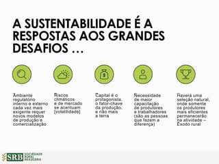 SOCIEDADE
RURAL
BRASILEIRA
A SUSTENTABILIDADE É A
RESPOSTAS AOS GRANDES
DESAFIOS …
_
Capital é o
protagonista,
o fator-chave
da produção,
e não mais
a terra
_
Necessidade
de maior
capacitação
de produtores
e trabalhadores
(são as pessoas
que fazem a
diferença)
_
Haverá uma
seleção natural,
onde somente
os produtores
mais eficientes
permanecerão
na atividade –
Êxodo rural
_
Ambiente
regulatório
interno e externo
cada vez mais
exigente requer
novos modelos
de produção e
comercialização
_
Riscos
climáticos
e de mercado
se acentuam
[volatilidade]
 