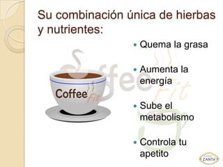 Su combinación única de hierbas
y nutrientes:
                   Quema la grasa

                   Aumenta la
                    energía

                   Sube el
                    metabolismo

                   Controla tu
                    apetito
 