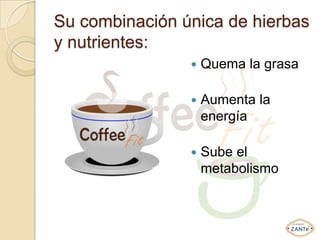 Su combinación única de hierbas
y nutrientes:
                   Quema la grasa

                   Aumenta la
                    energía

                   Sube el
                    metabolismo
 