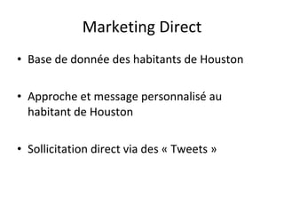Marketing Direct Base de donnée des habitants de Houston Approche et message personnalisé au habitant de Houston Sollicitation direct via des « Tweets » 